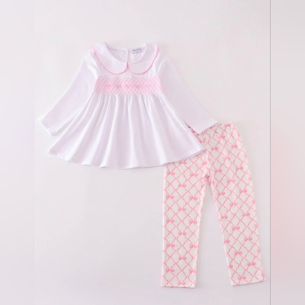 Abby & Evie Pink Bow Smocked Pants Set Size 5 NWT!